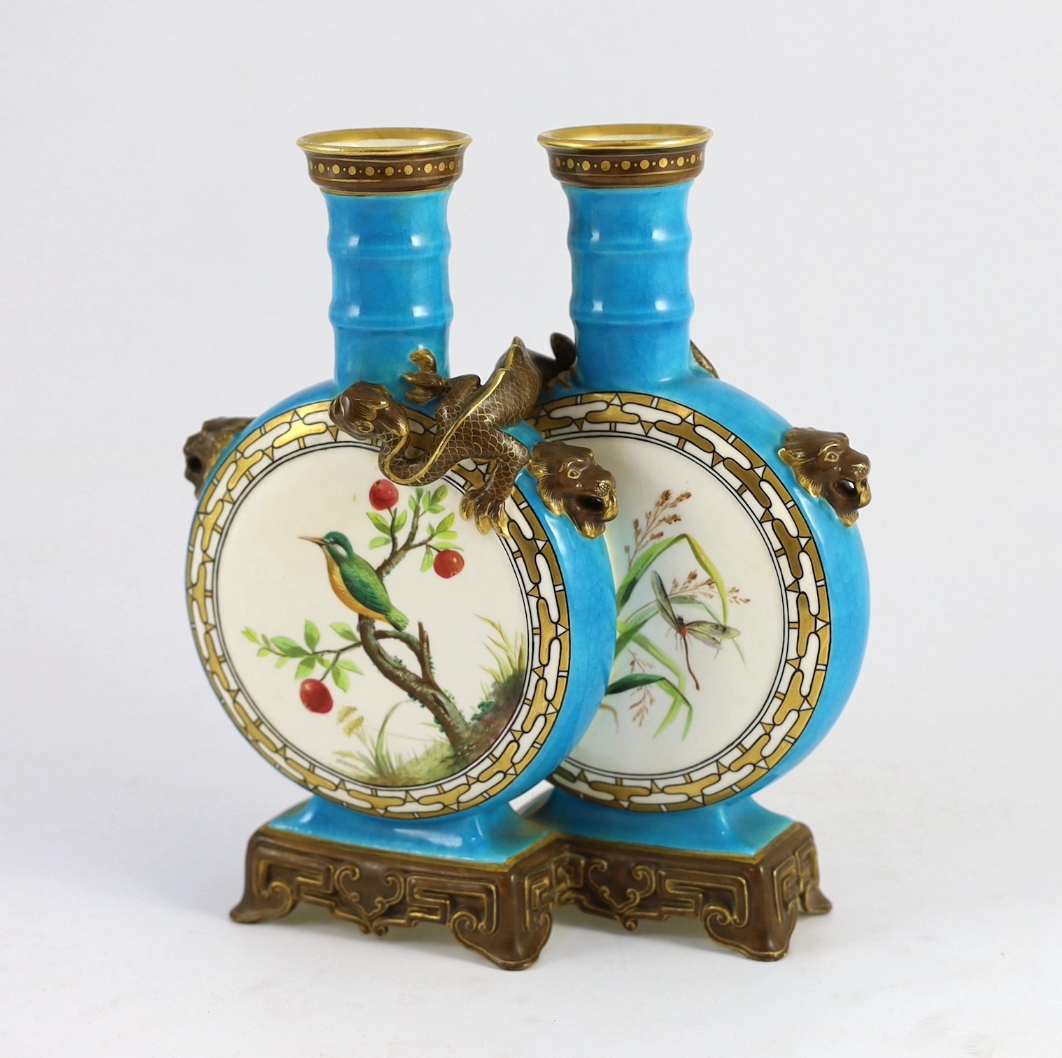 A rare Mintons Aesthetic period porcelain double moon flask, manner of Dr. Christopher Dresser, 21.8cm high